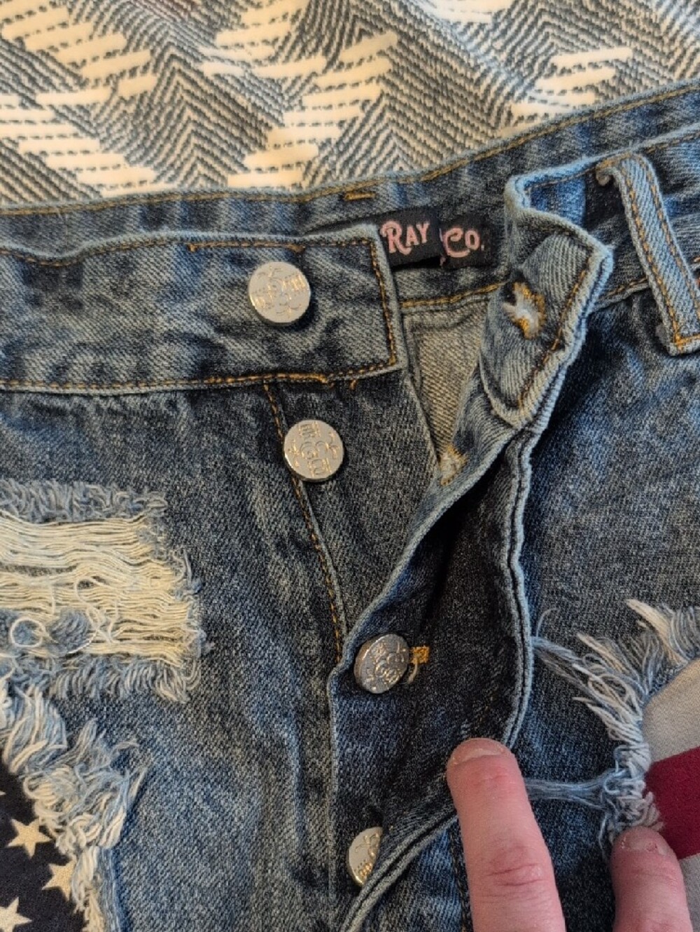 Bailey Ray & Co Blue Denim Cutoff Shorts with Red & White Flag Patches. American - Picture 5 of 7